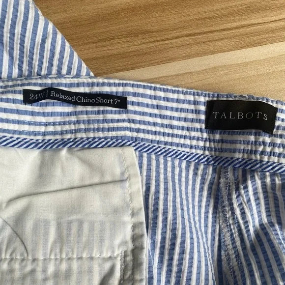 Talbots Relaxed Chino Seersucker Shorts Womens 24 W Blue White Striped 7" Inseam - Picture 5 of 5